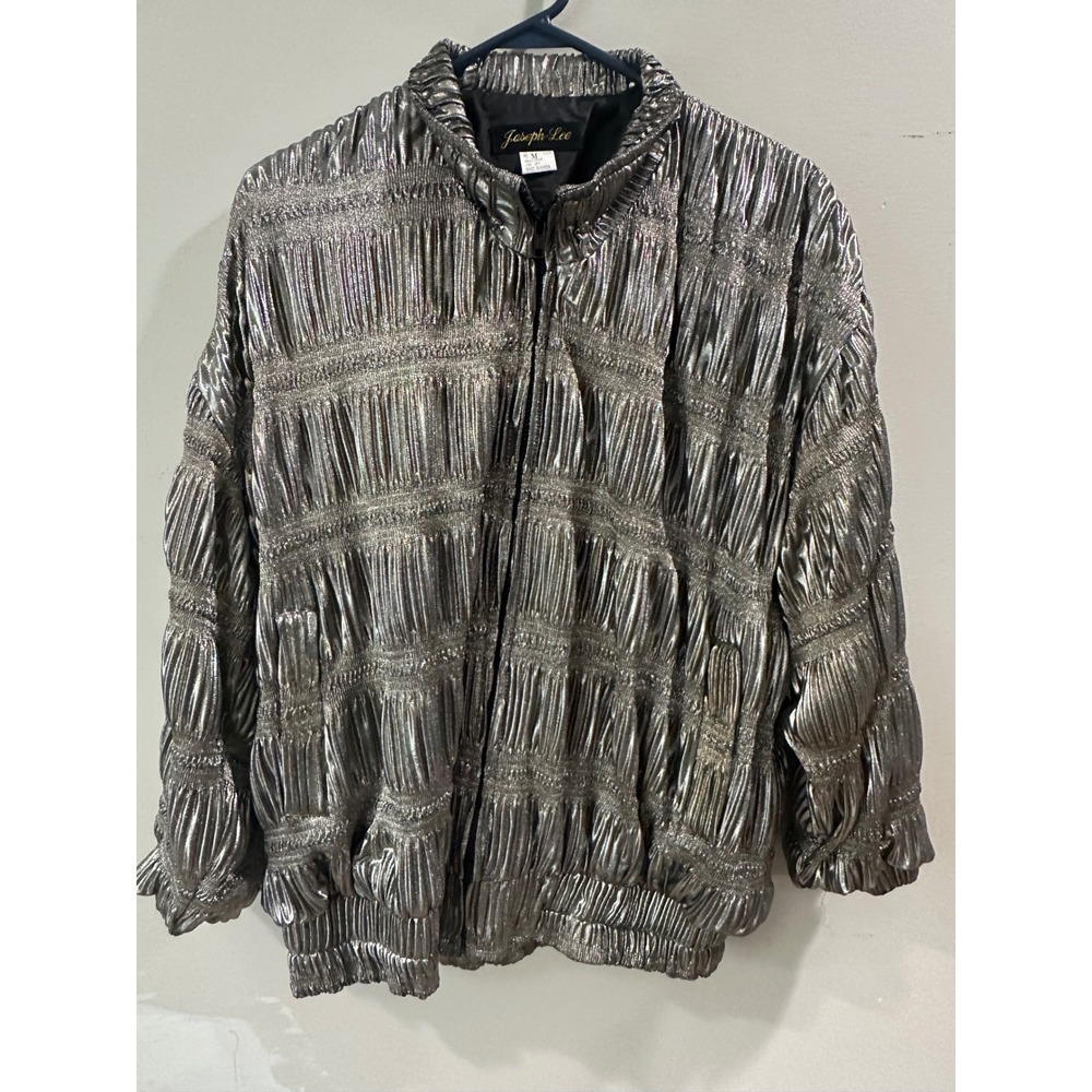 Joseph Lee Vintage Metallic Silver Pleated Bomber Jacket Women Medium Retro Zip